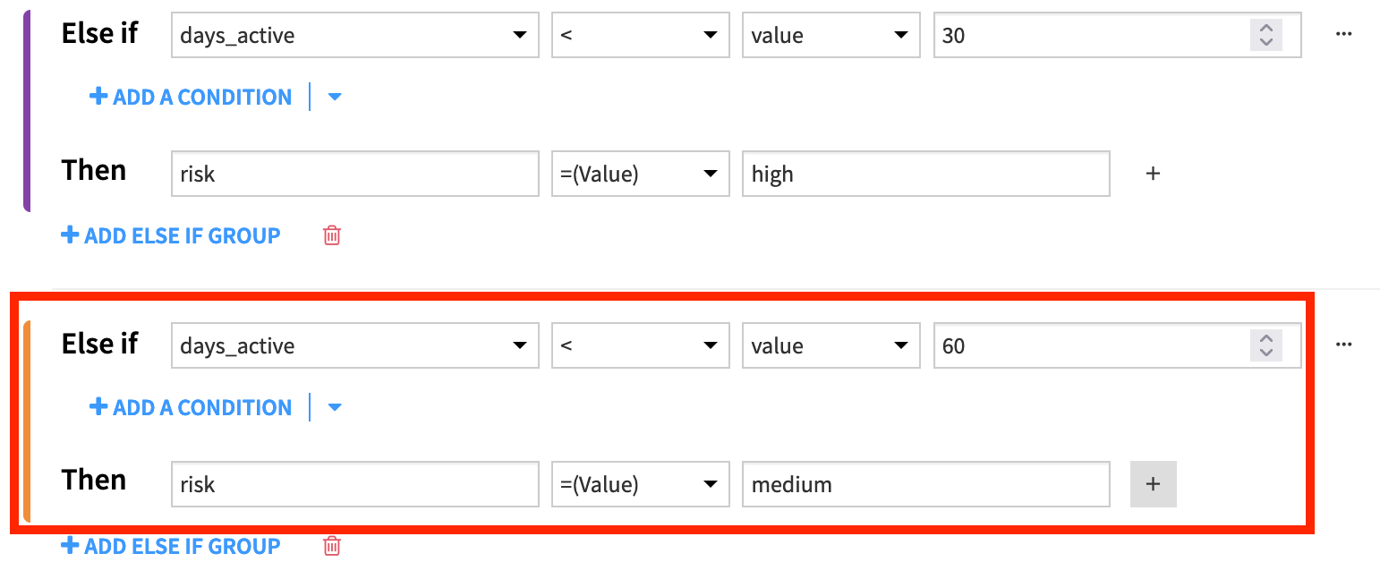 Dataiku screenshot of a second else if block in a Prepare recipe.