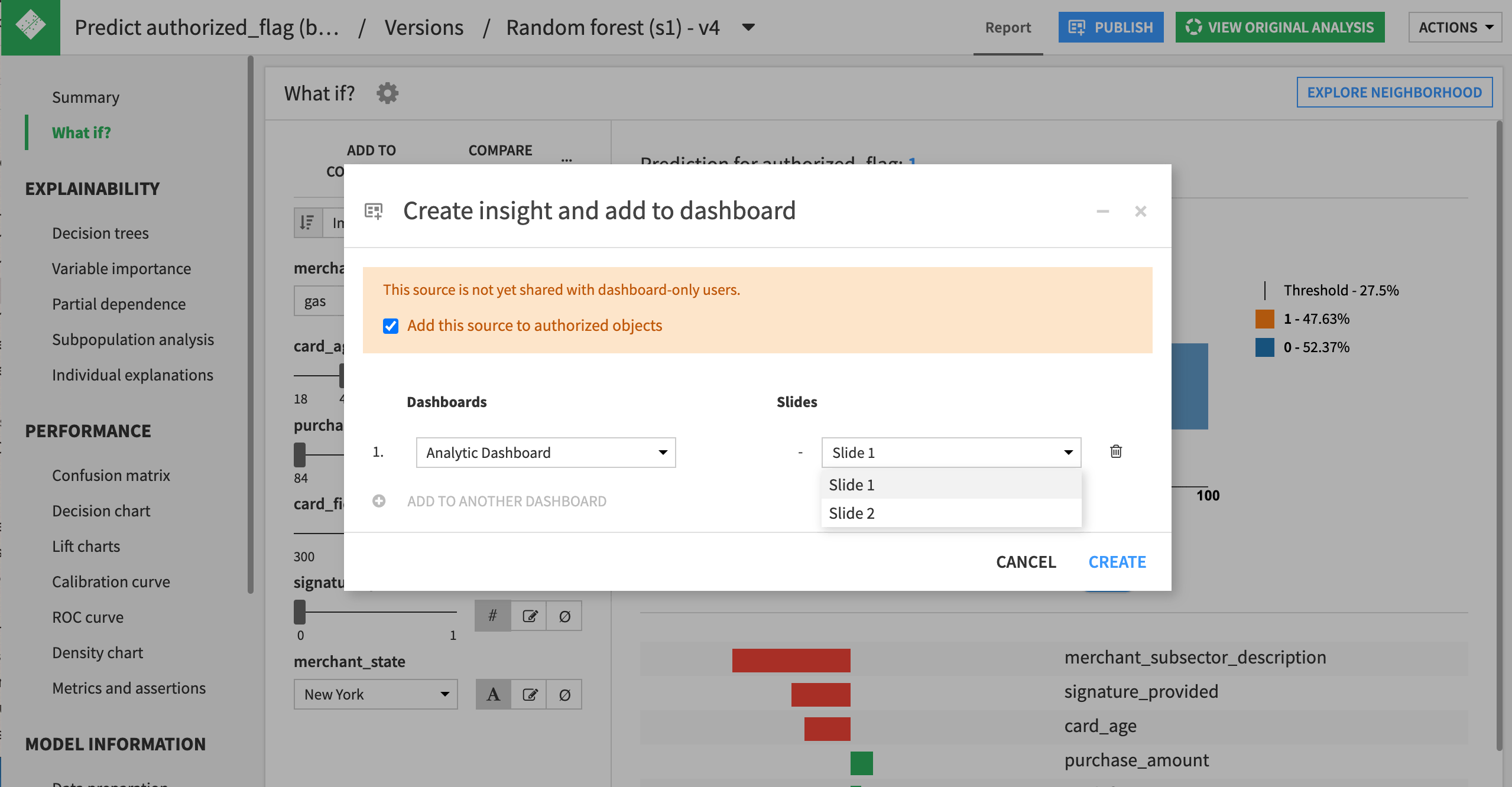 Create insight and add to dashboard dialog.