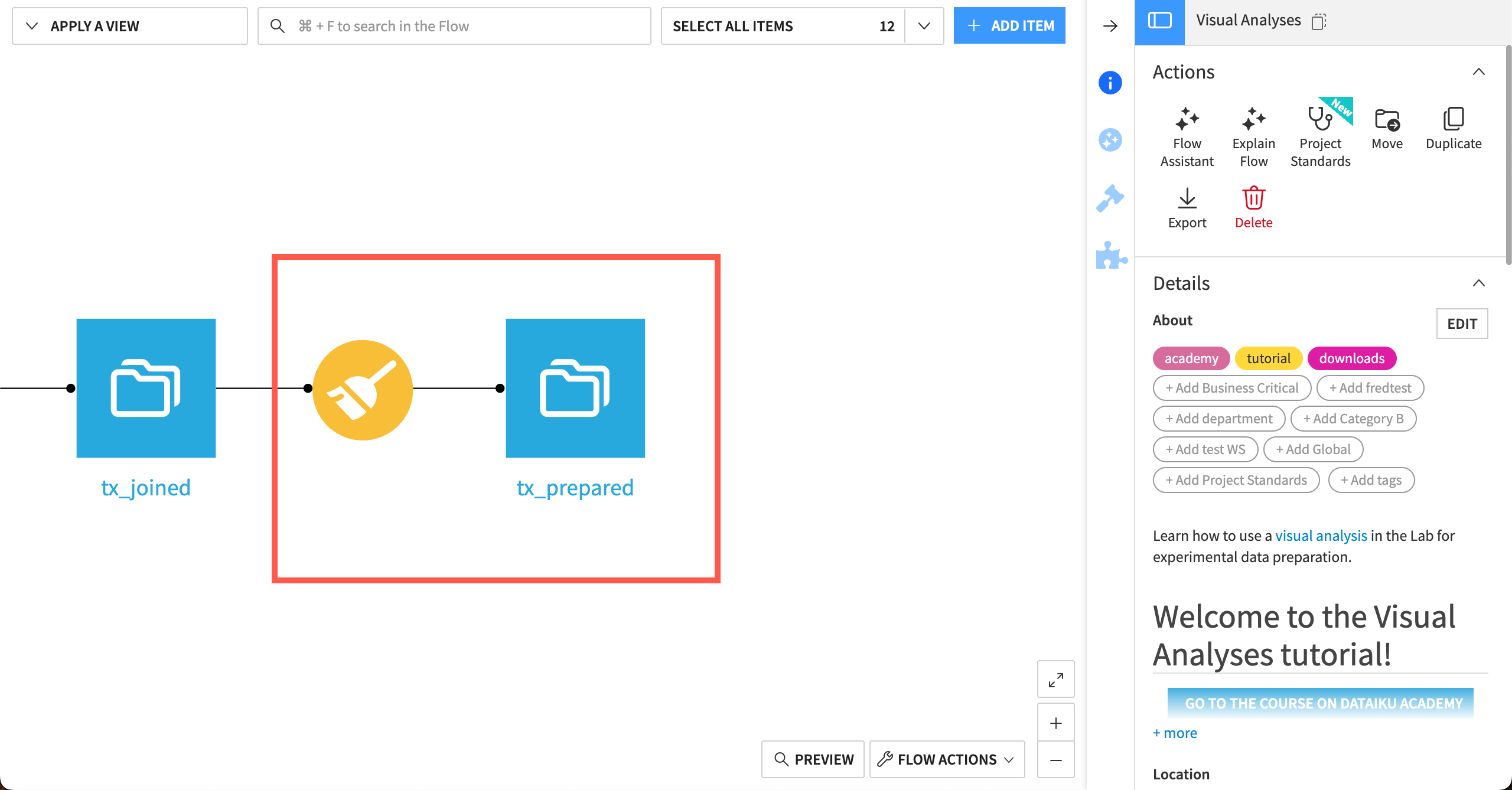 Dataiku screenshot showing the Prepare recipe and output dataset.