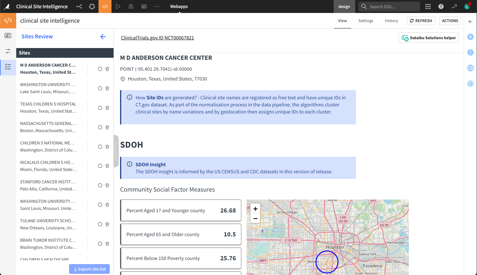 Dataiku screenshot of webapp geolocation and SDOH.