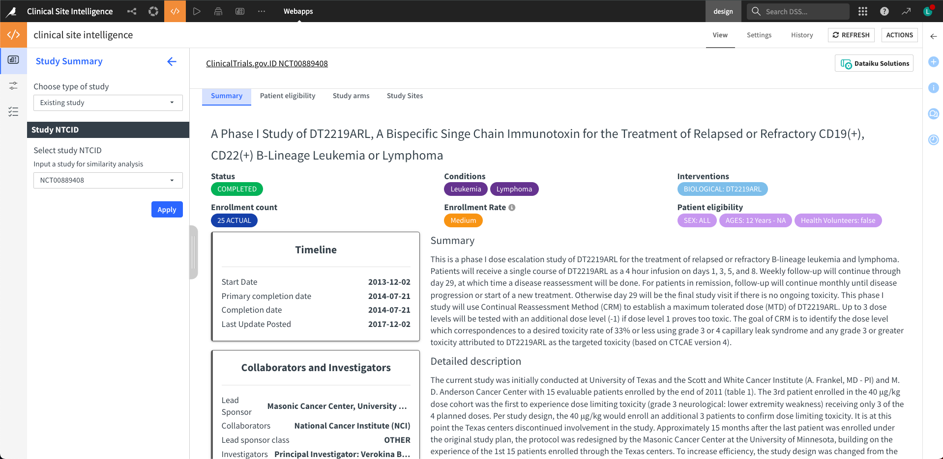 Dataiku screenshot of webapp study summary.