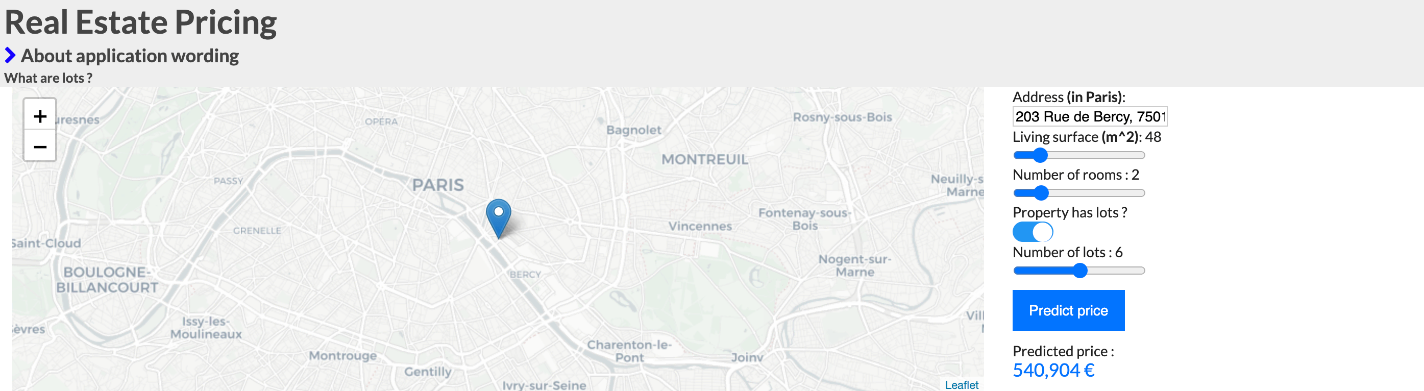 Dataiku screenshot of the interactive webapp for real estate price prediction.