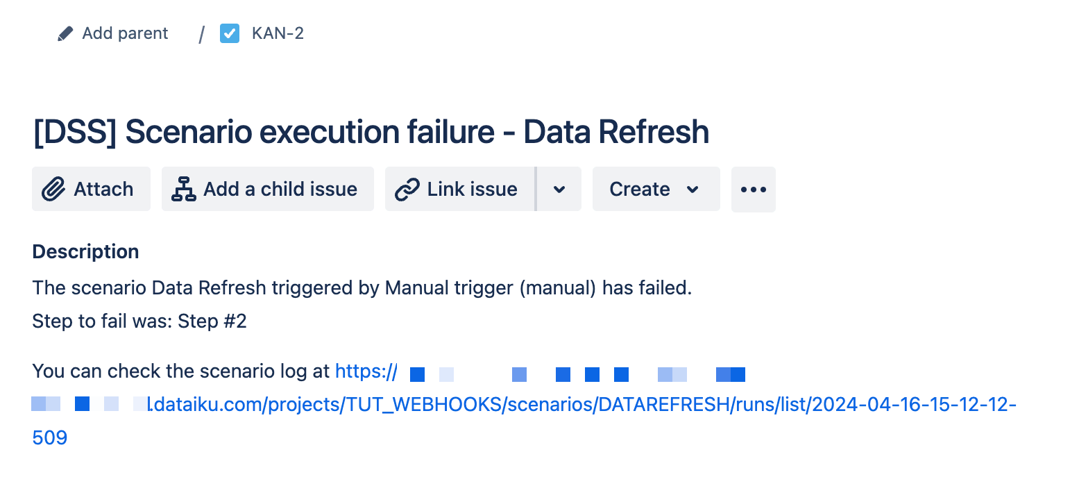Dataiku screenshot of an issue in Jira created through a webhook reporter.