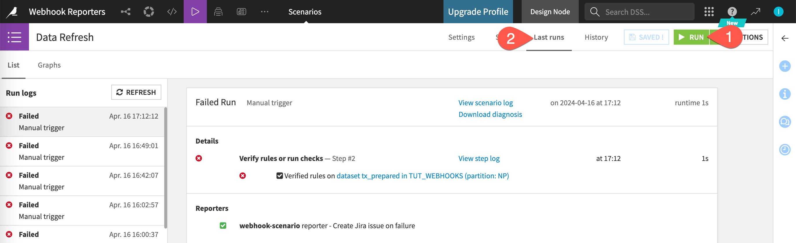 Dataiku screenshot of the last runs of a scenario showing a webhook reporter.