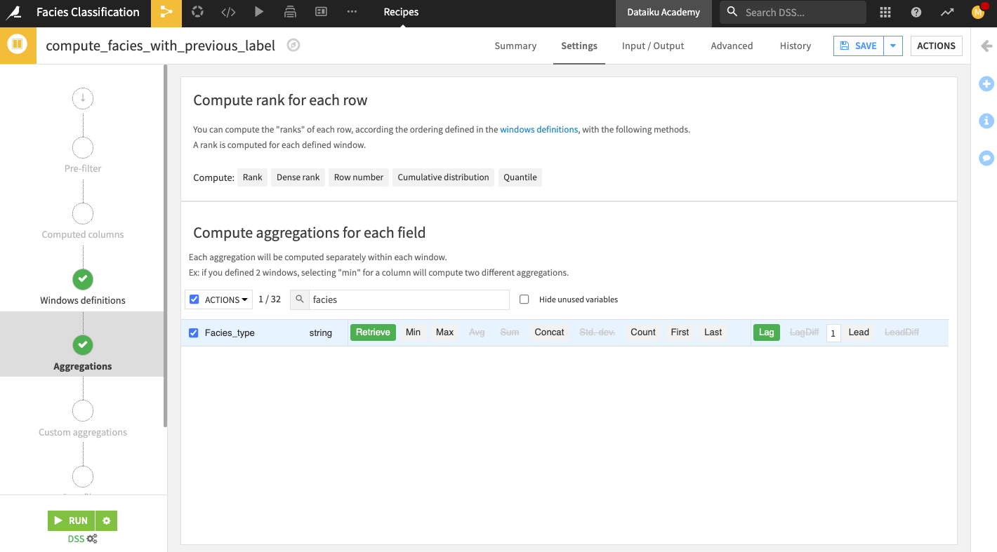 In the “Aggregations” tab of the Window recipe, select the Lag aggregation for column “Facies_type”