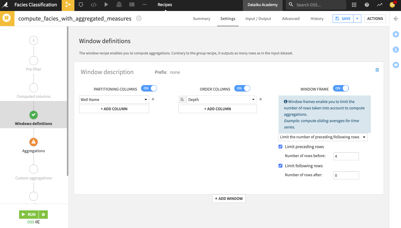In the Window recipe, define the characteristics of the window.