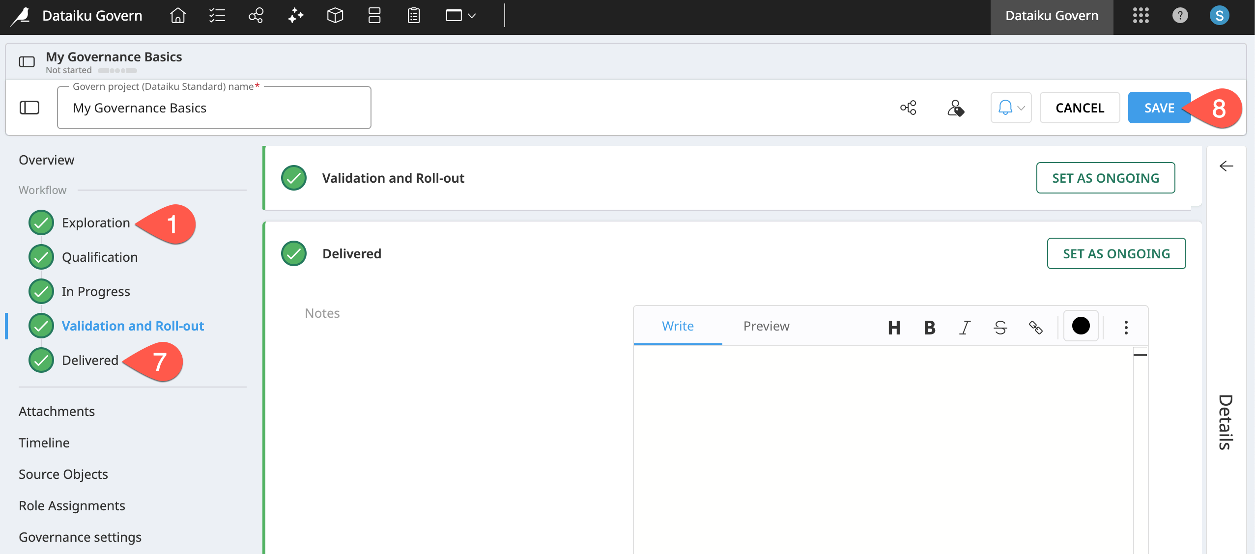 Dataiku screenshot of the Delivered step in the workflow of a governed project.