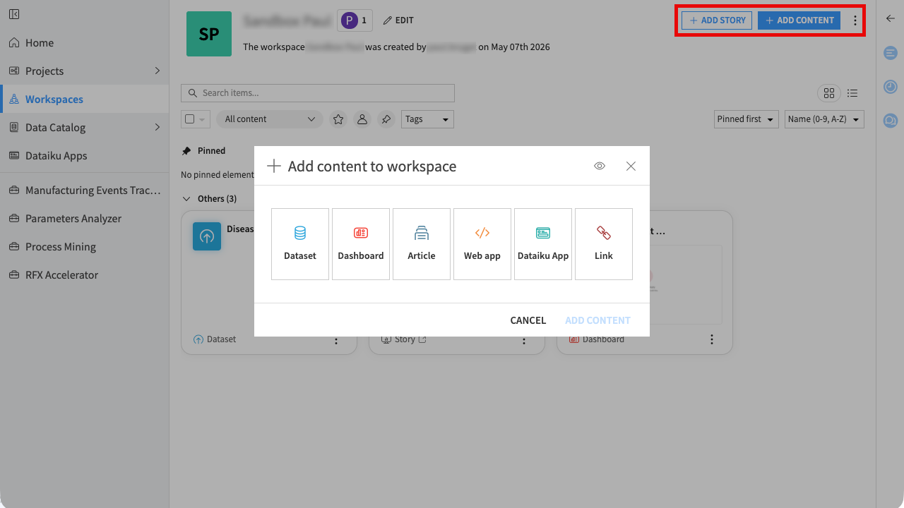 A screenshot showing the possible workspaces content.