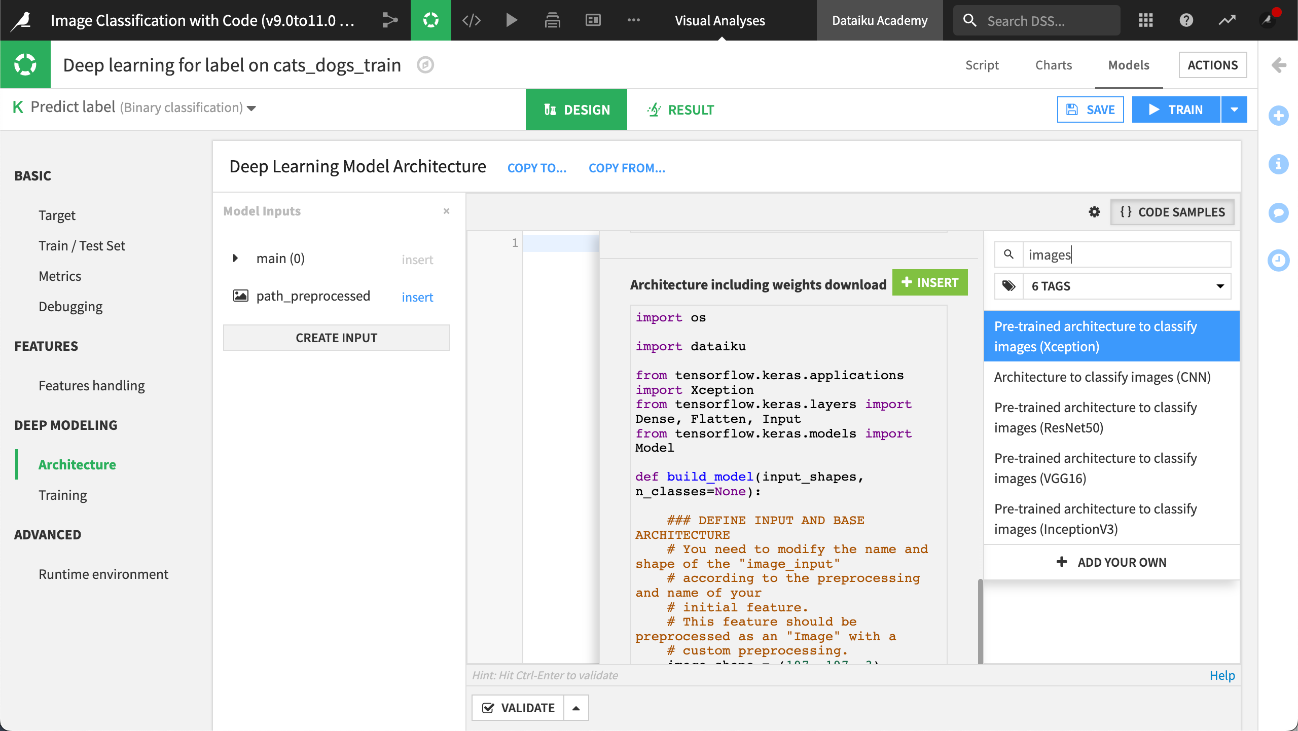 Keras code sample in the custom preprocessing step of an input feature in the Features handling panel of a deep learning experiment.