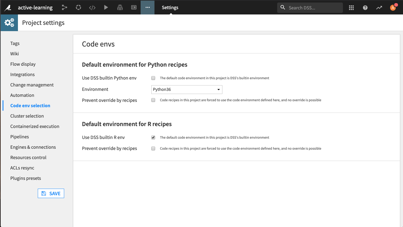 Project code environment selection settings