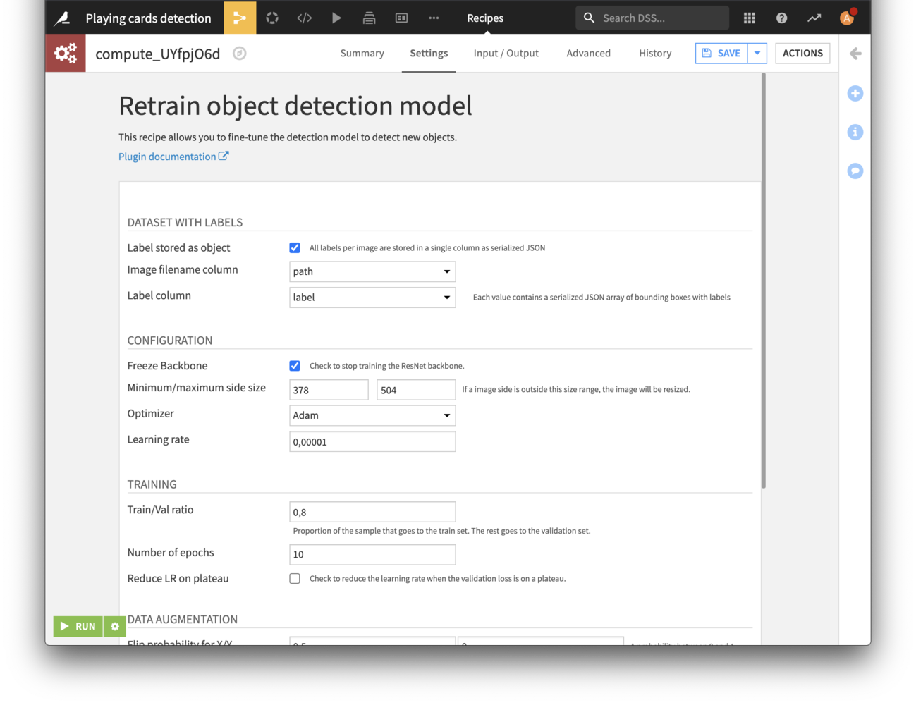 "Object detection recipe settings"