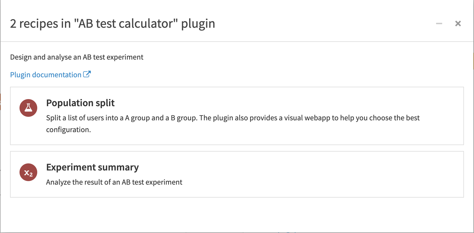 Menu for choosing an AB test calculator recipe