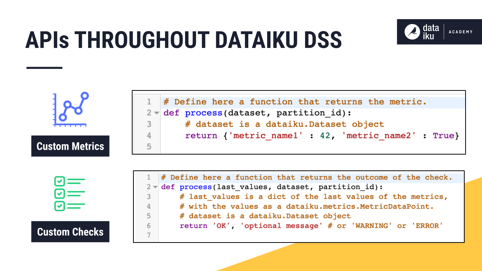 A slide introducing how APIs can be in custom metrics and checks.