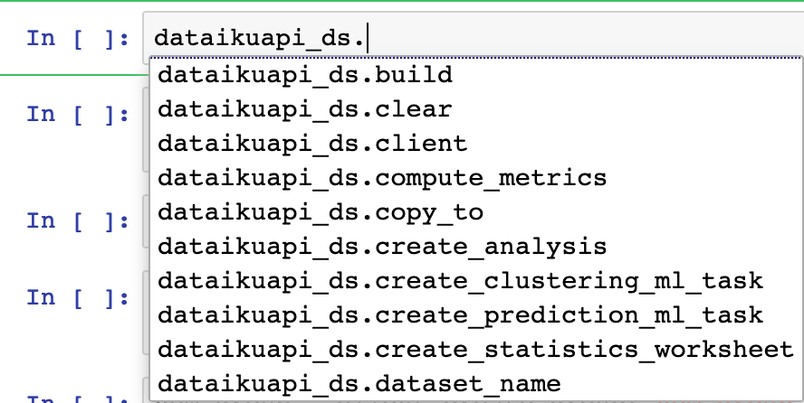 Jupyter notebook output showing methods available to a dataset handle.