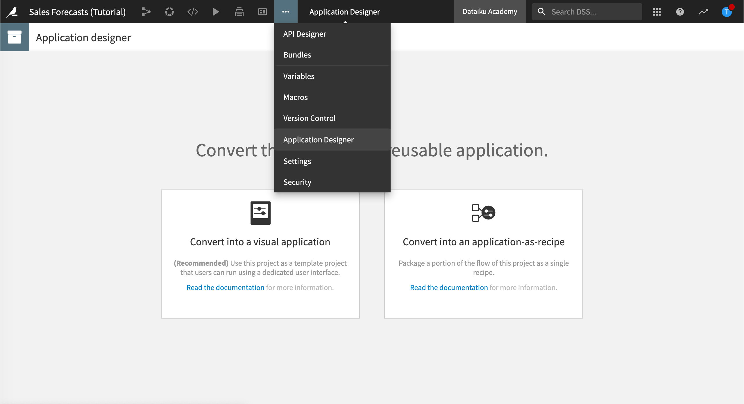 Dataiku screenshot of the Application Designer page.