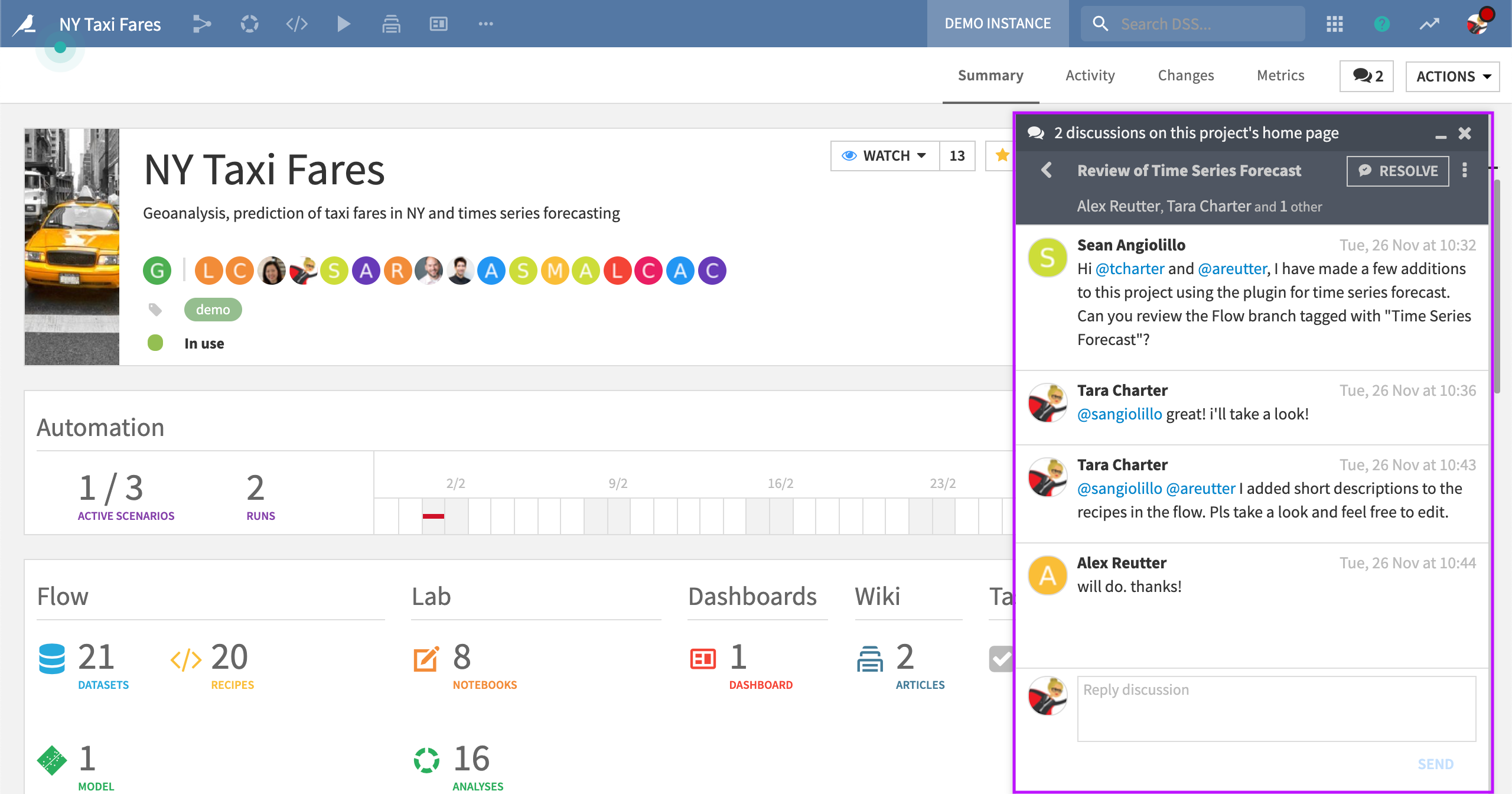 A Dataiku screenshot showing discussions on a project's homepage.