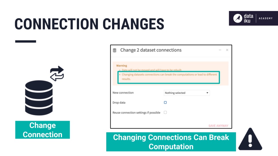 Dataiku screenshot showing warning when changing the connection of a dataset.