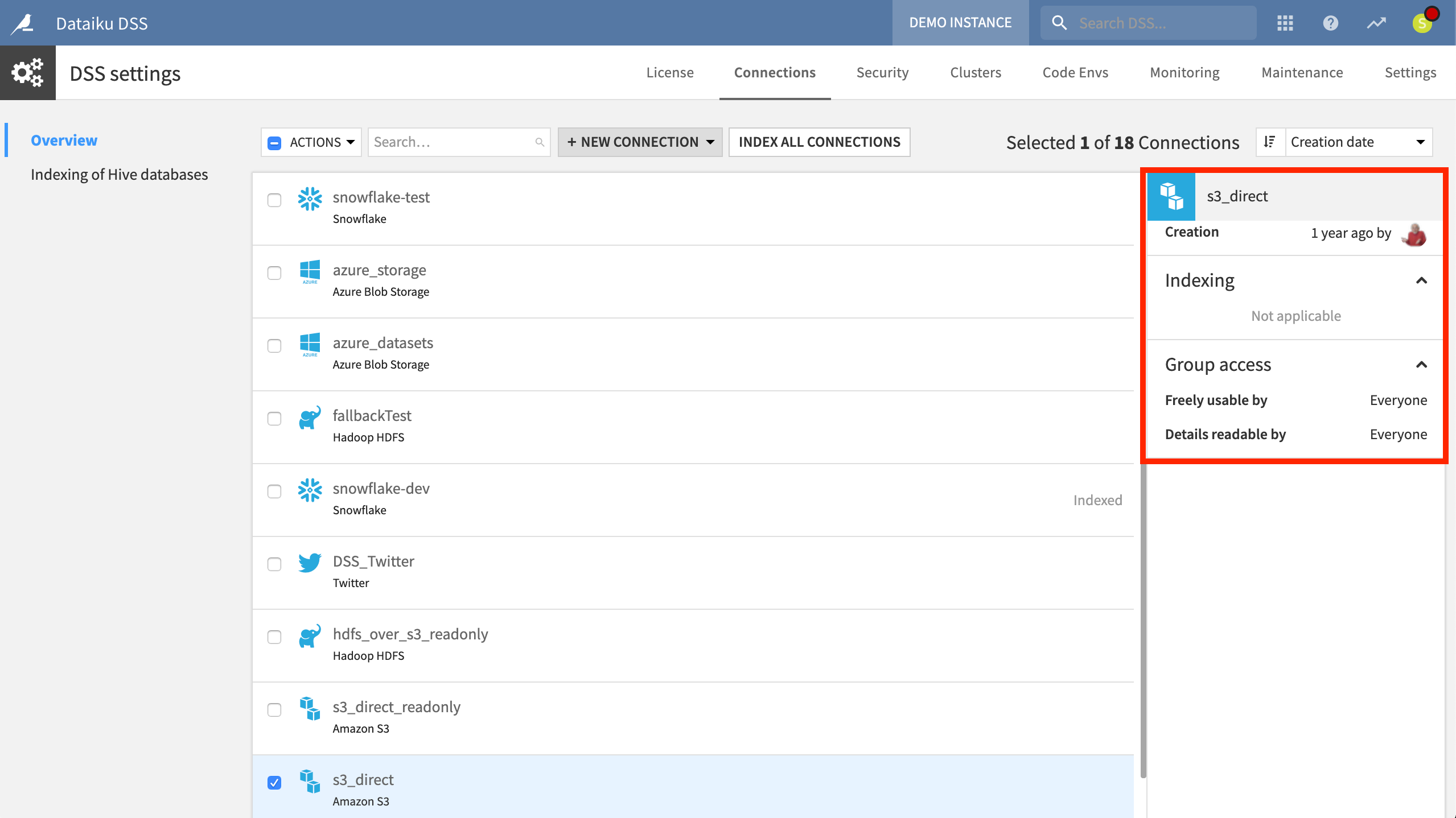 A Dataiku screenshot showing the admin page for managing connections.