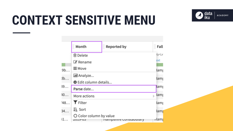 A Dataiku screenshot showing a context-sensitive menu that depends on the values in a column.