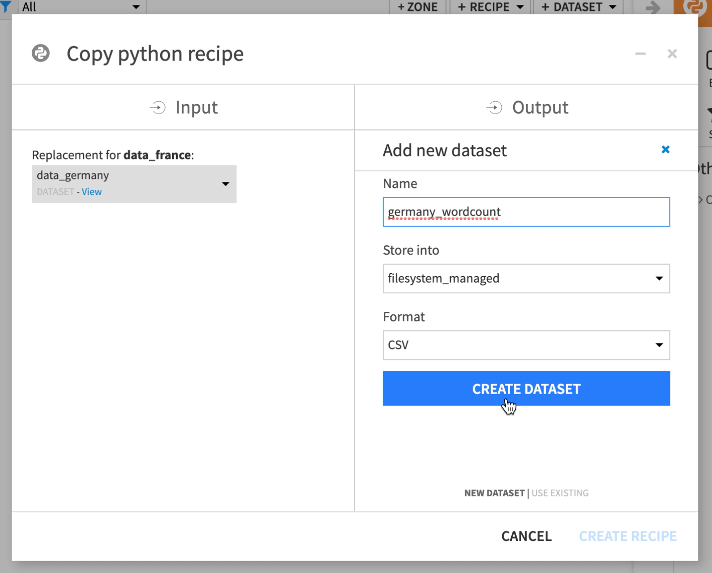 Dataiku screenshot of the dialog for copying a code recipe.