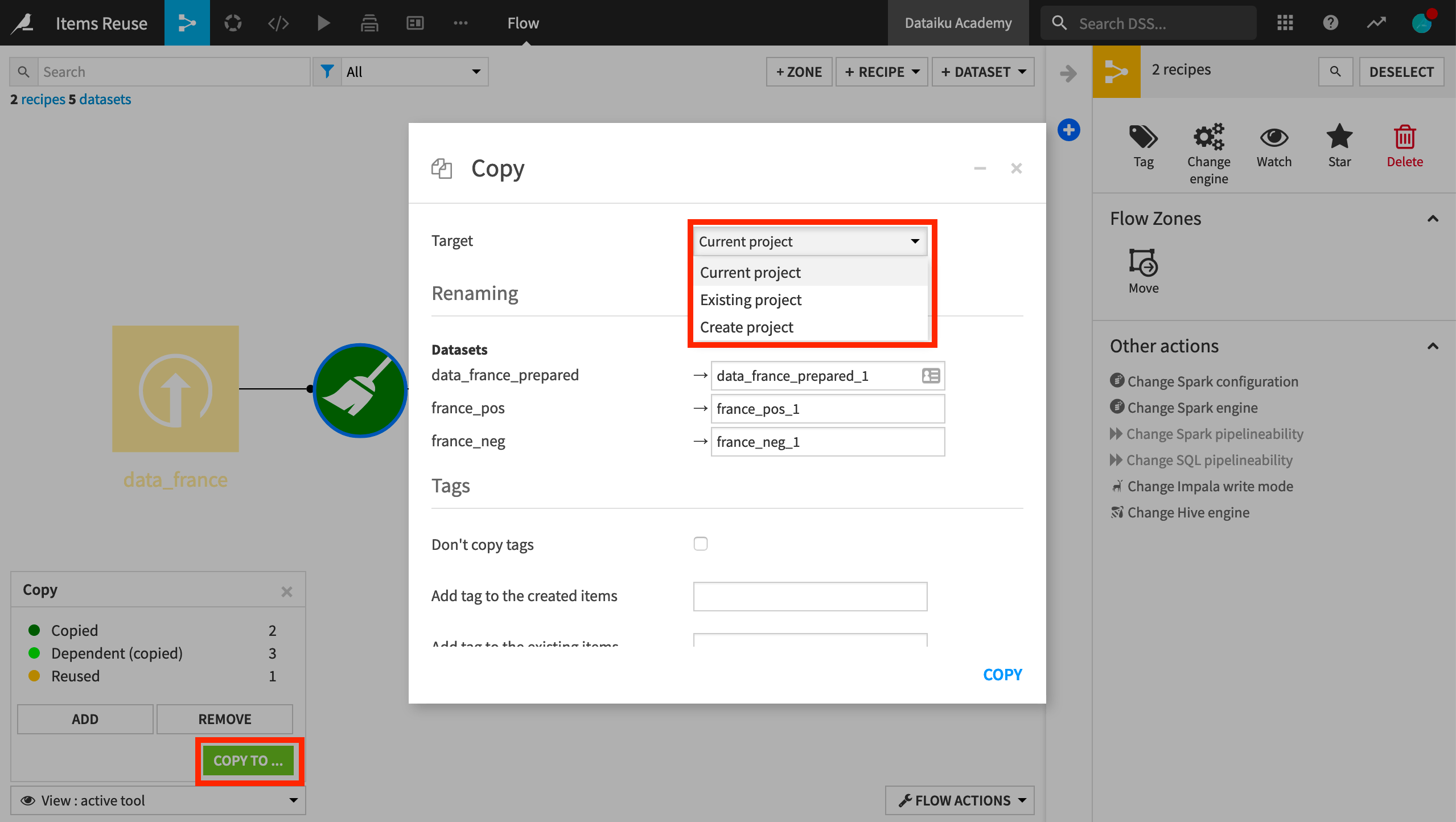 Dataiku screenshot of the copy recipe dialog, highlighting how to change the target project.