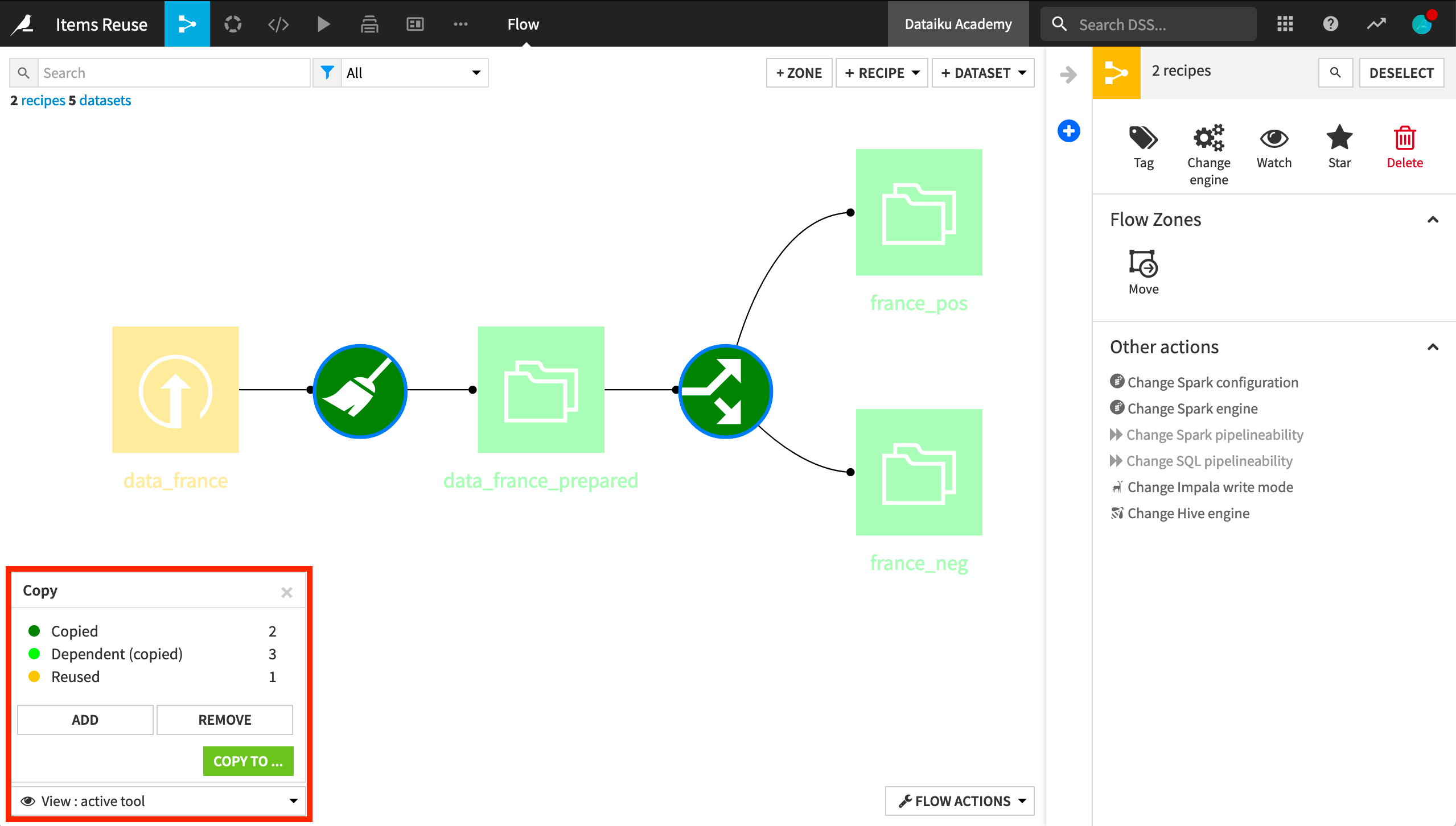 Dataiku screenshot of the dialog for copying recipes.