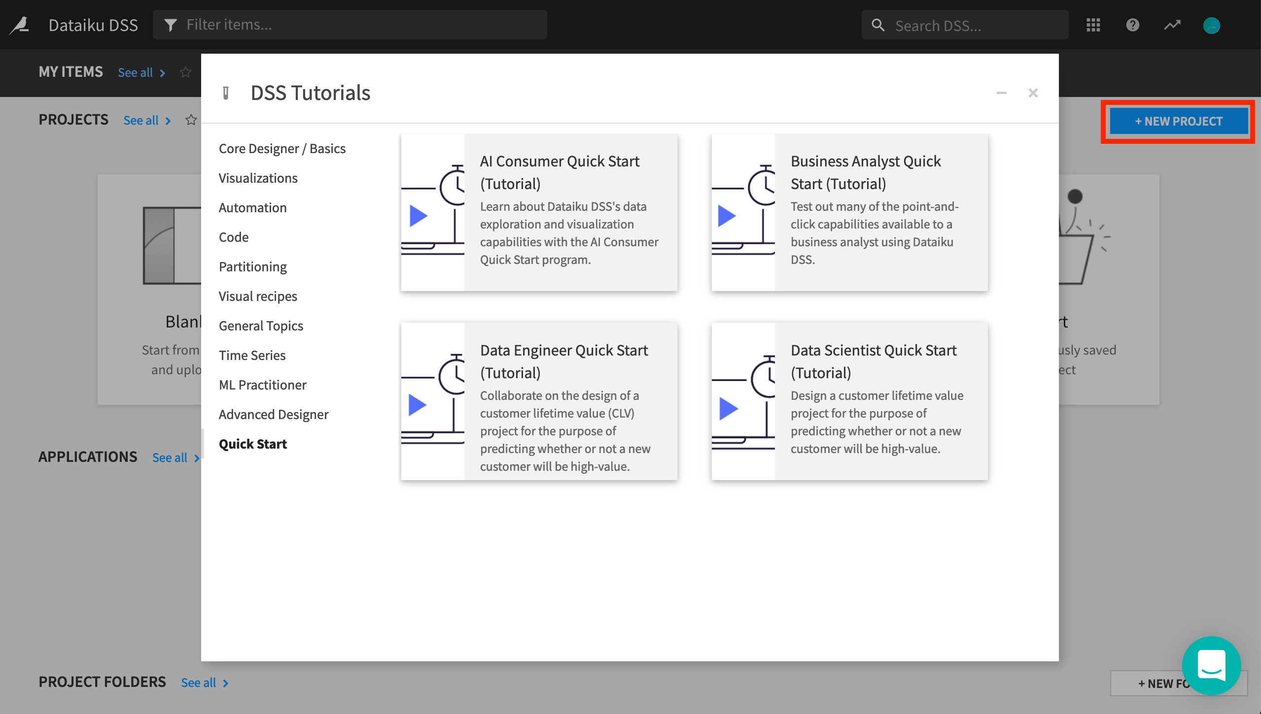 Dataiku screenshot of the dialog for creating the Business Analyst Quick Start project.