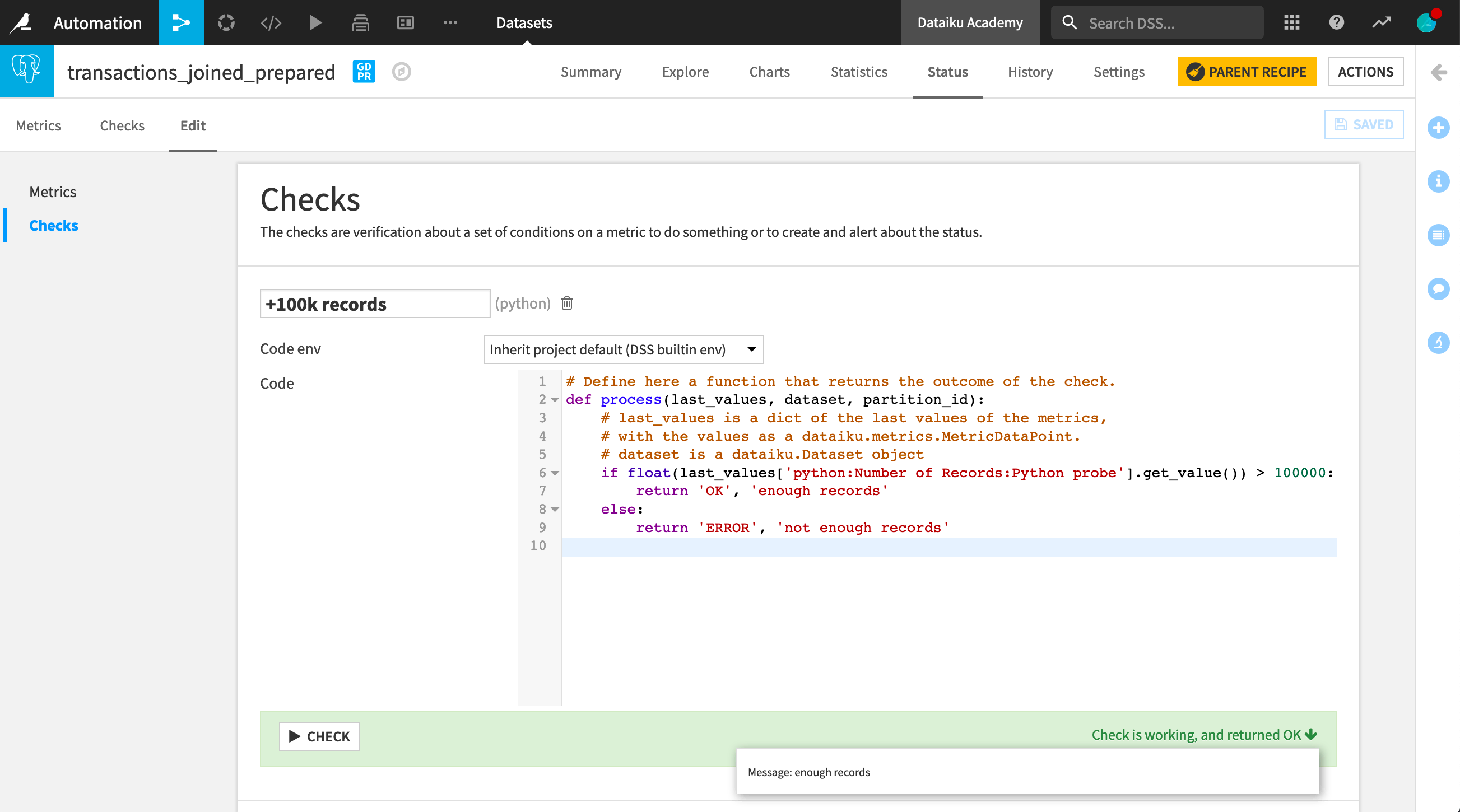Dataiku screenshot of the Edit Checks page showing a custom Python check.