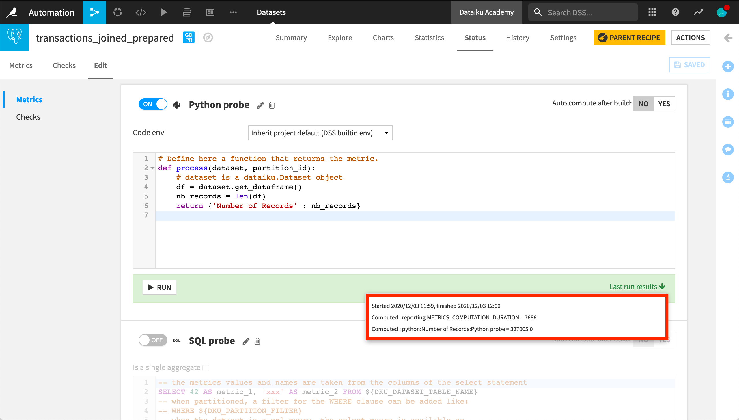 Dataiku screenshot of the Edit Metrics page showing a custom Python metric.