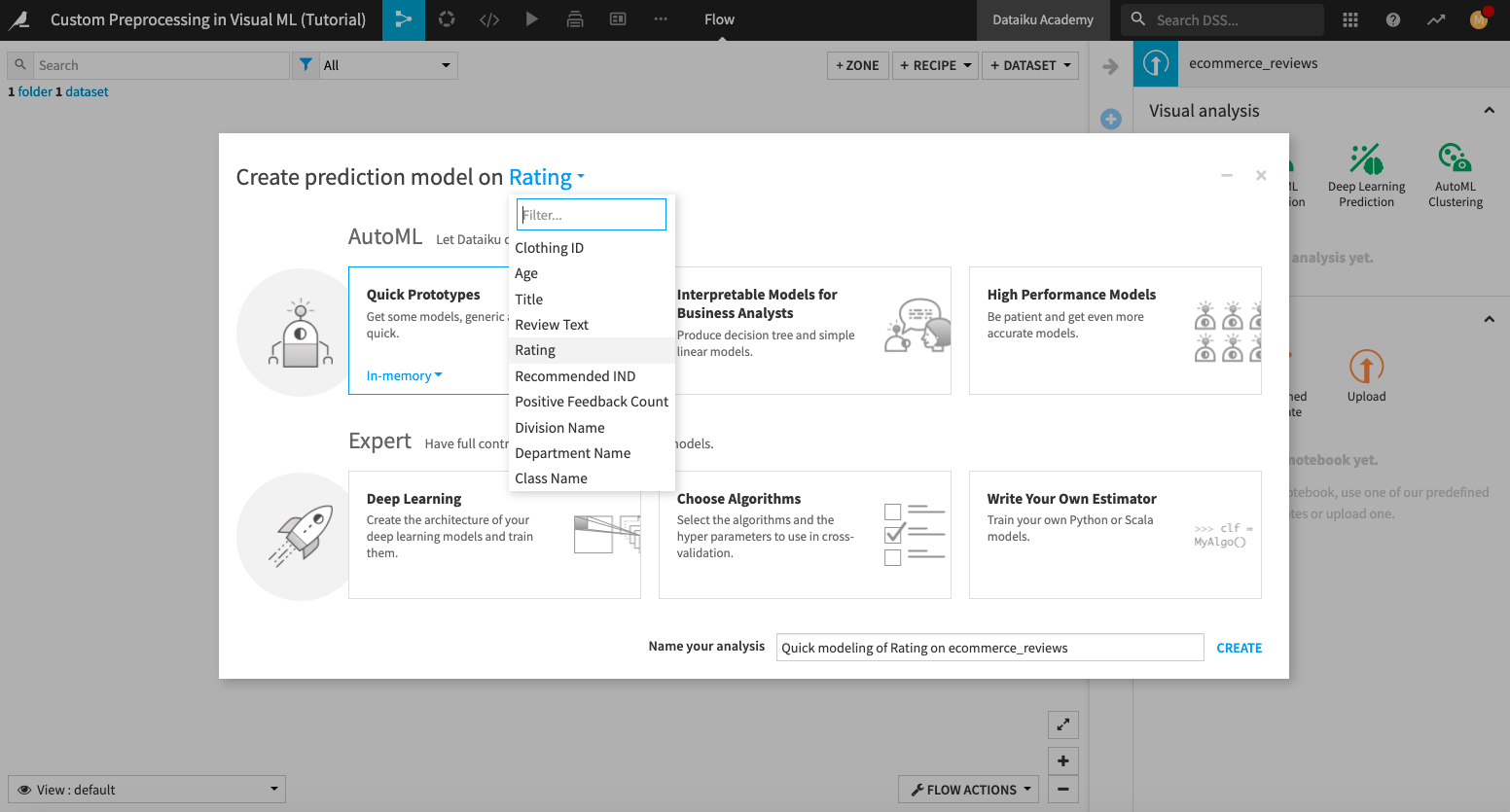 Dataiku screenshot of the dialog for creating a quick prototype ML task.