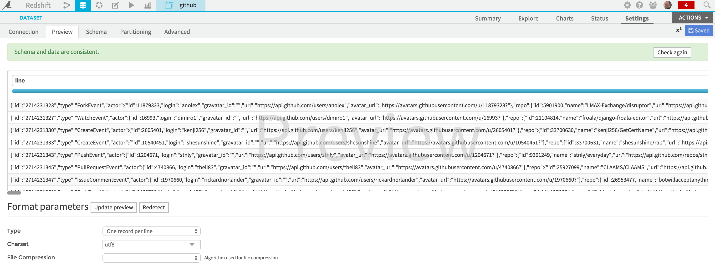 "Dataset preview of Github activity history"