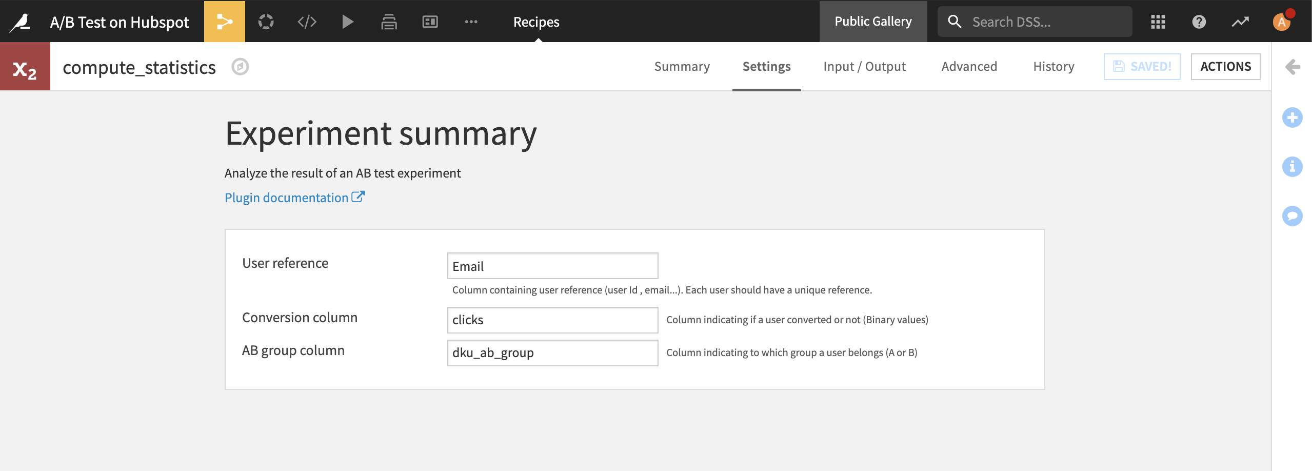 Experiment Summary Recipe Settings