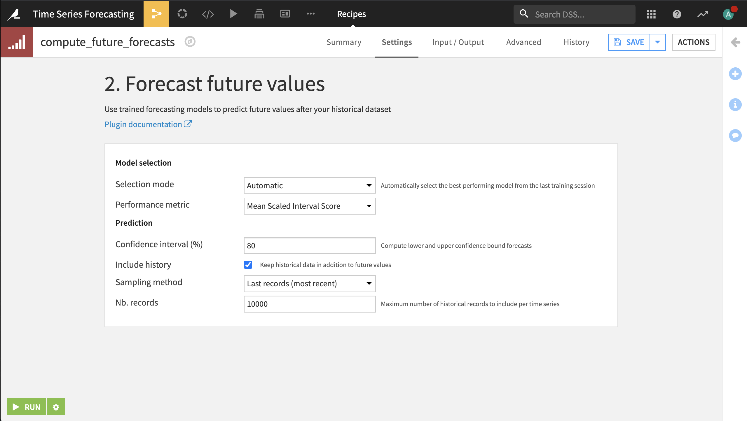 Forecast future values recipe, with settings populated
