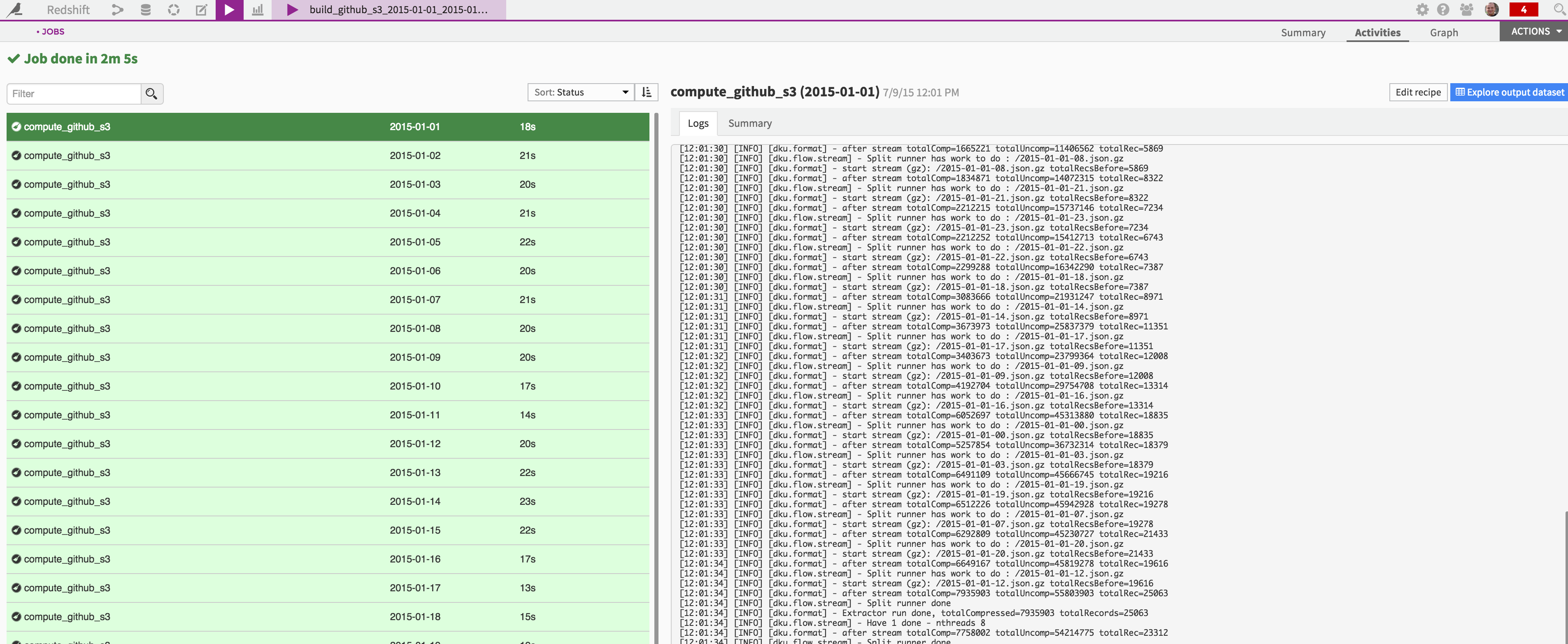 "Job details for the S3 dataset build"