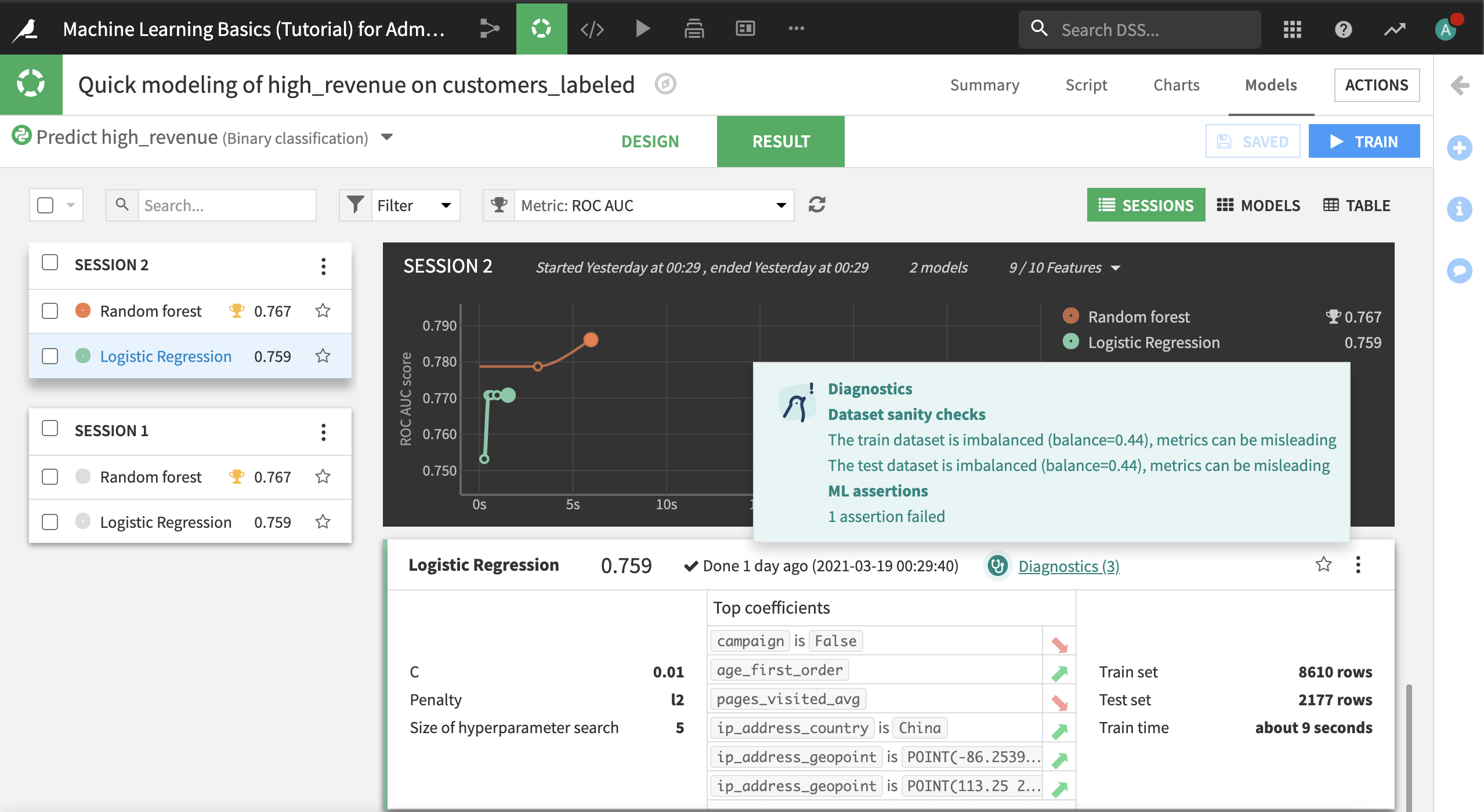 Summary results of quick model for high_revenue column, with diagnostics tooltip