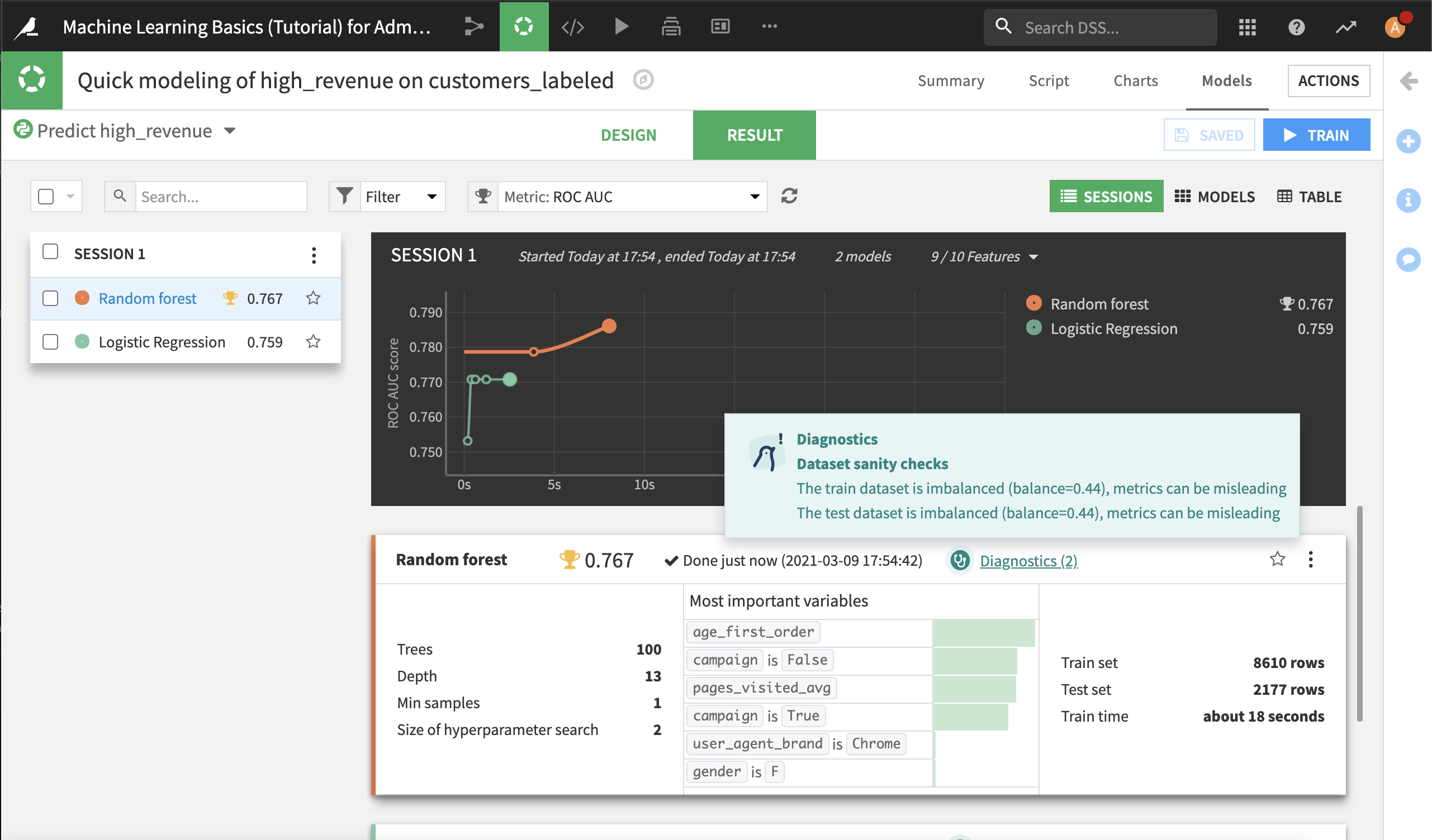 Summary results of quick model for high_revenue column, with diagnostics tooltip