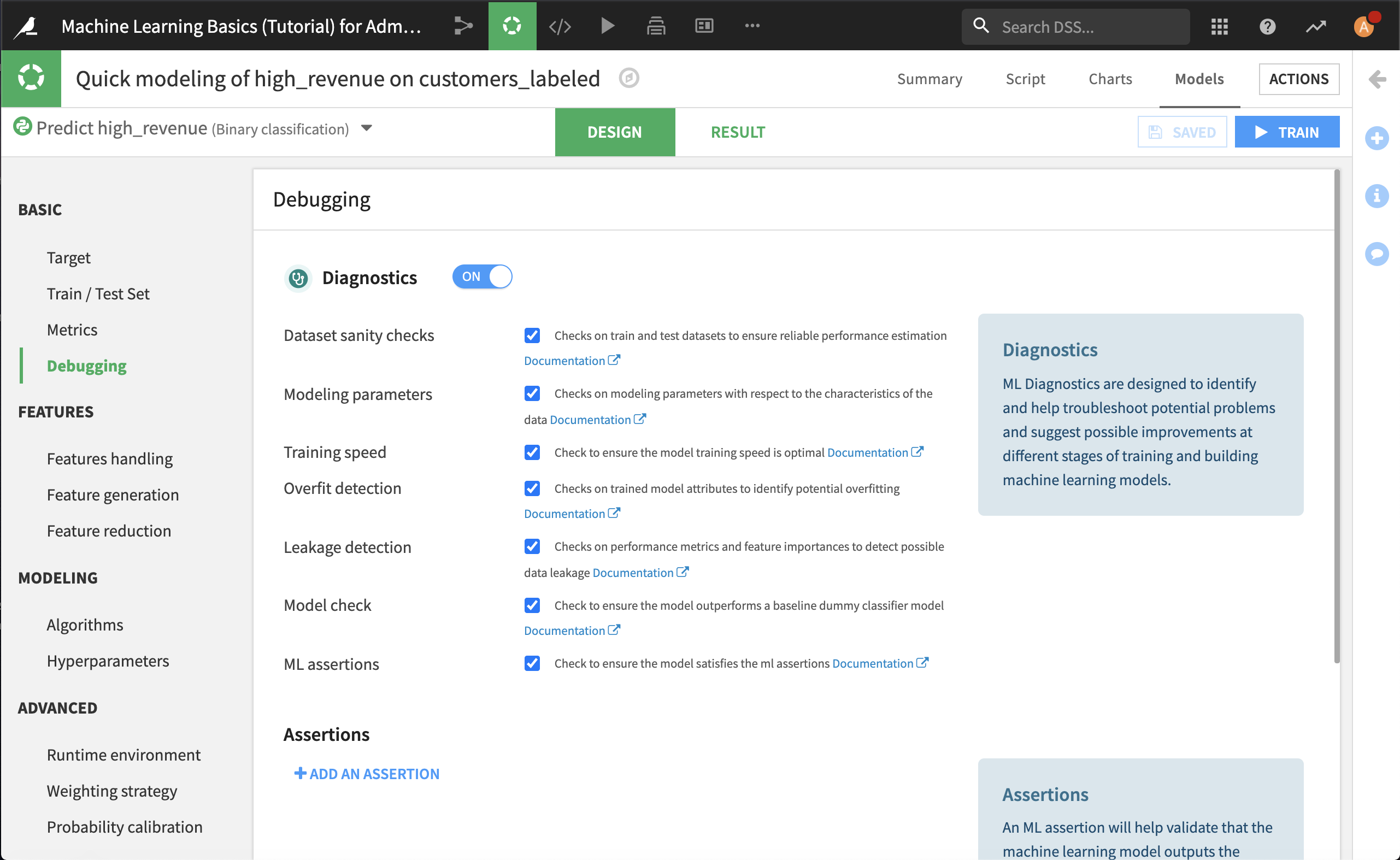 Debugging panel of the Design tab in a visual model