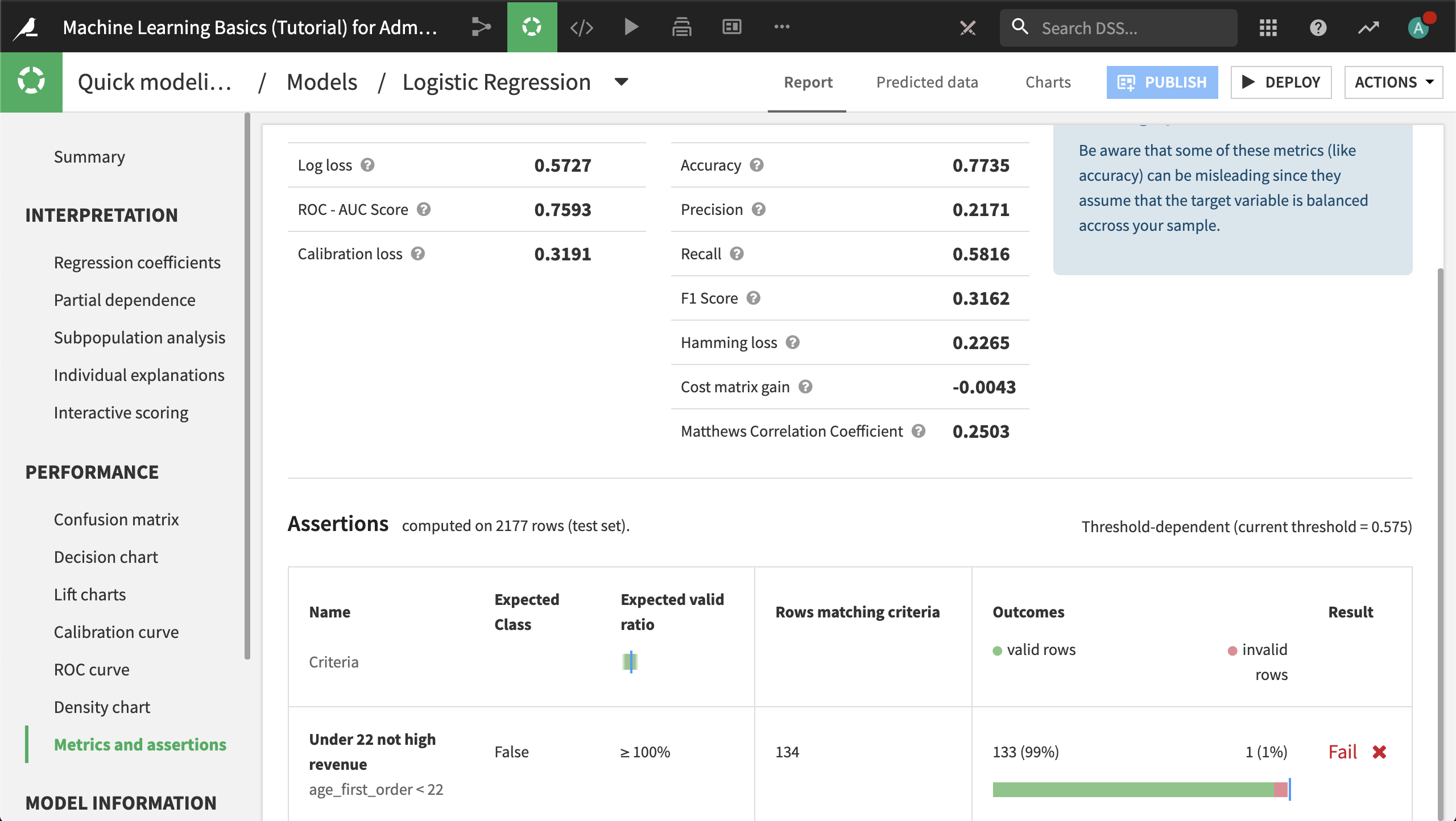 Metrics and assertions section of model results