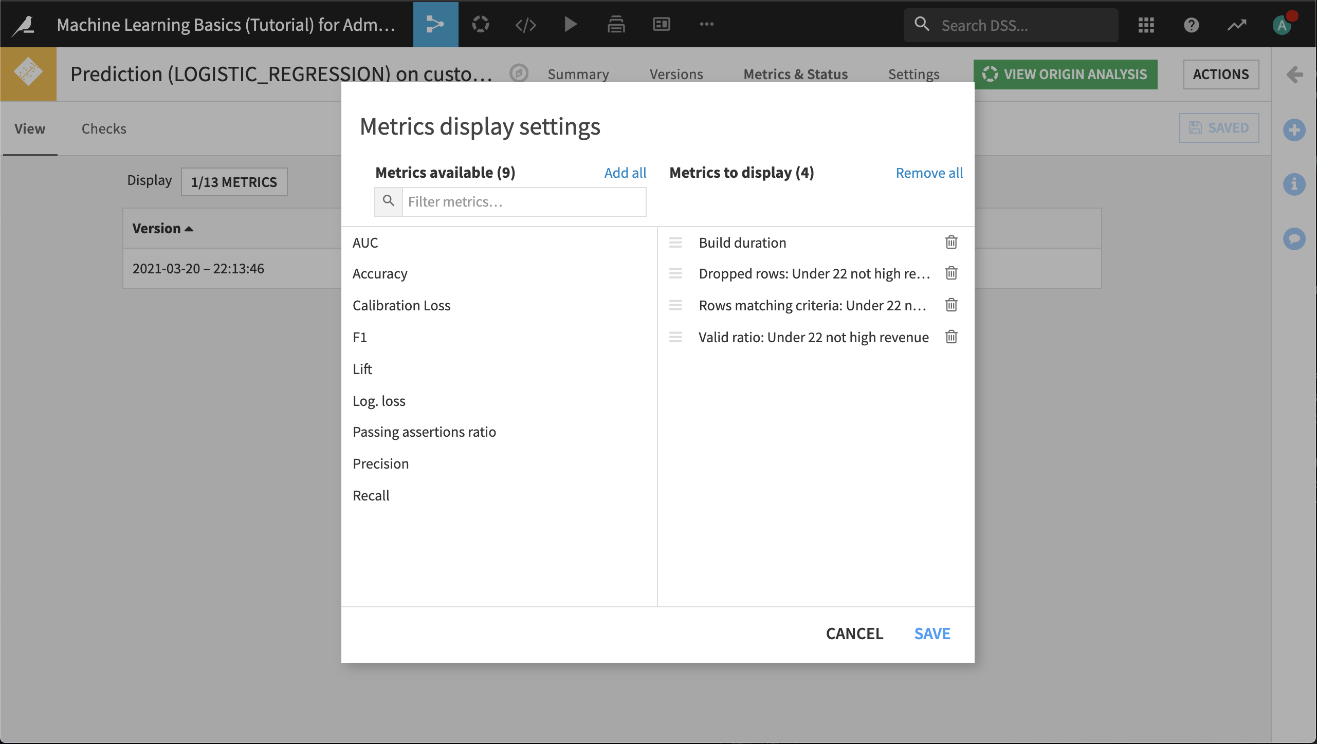 Model metrics display settings