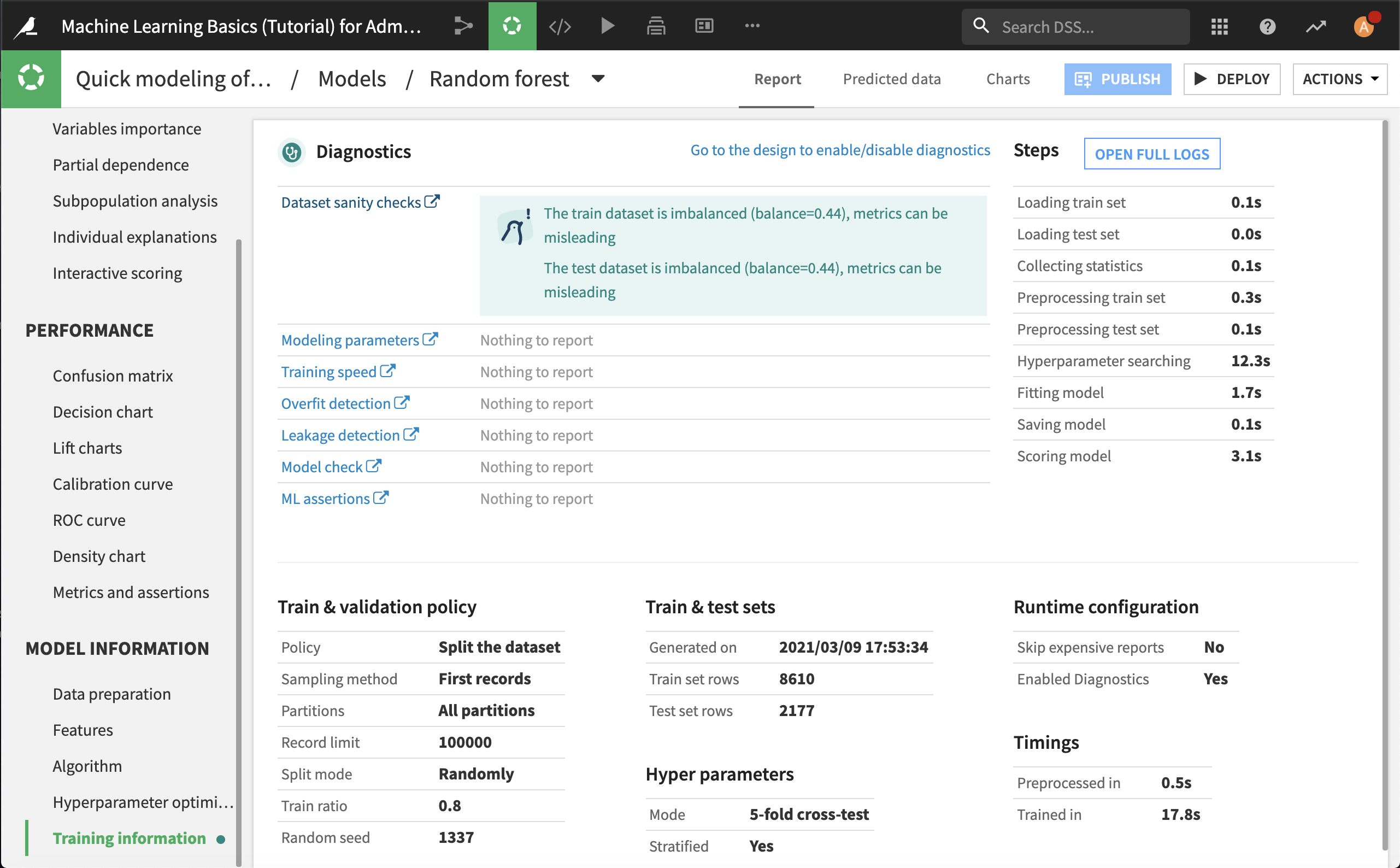 Training Information section of model results