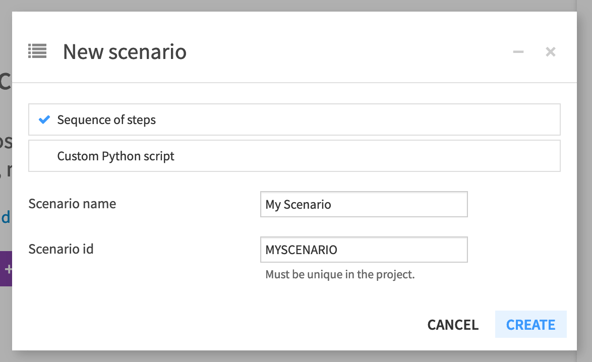 Dataiku screenshot of the dialog for creating a new step-based scenario.