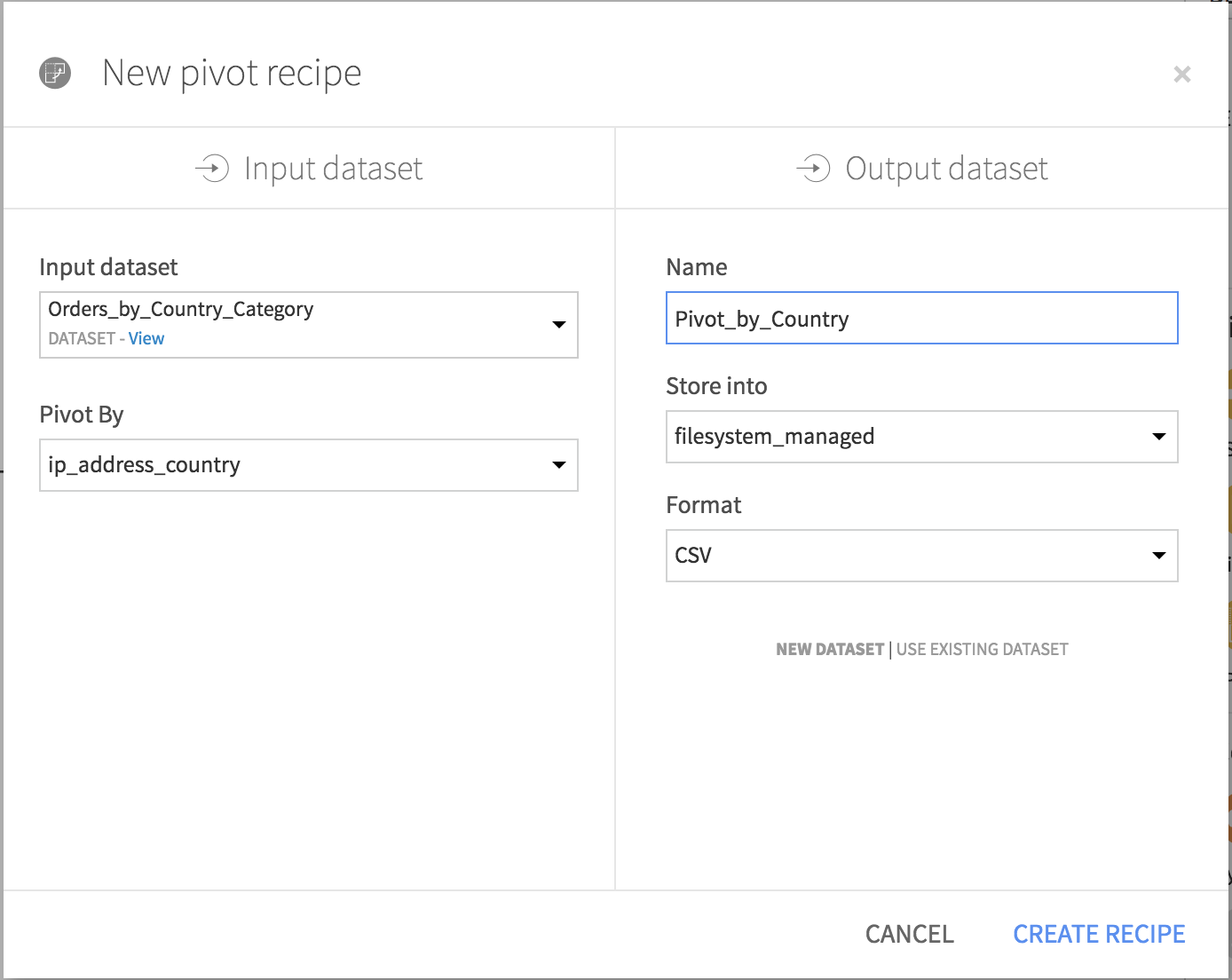 The create Pivot recipe screen, with the settings described in the text.