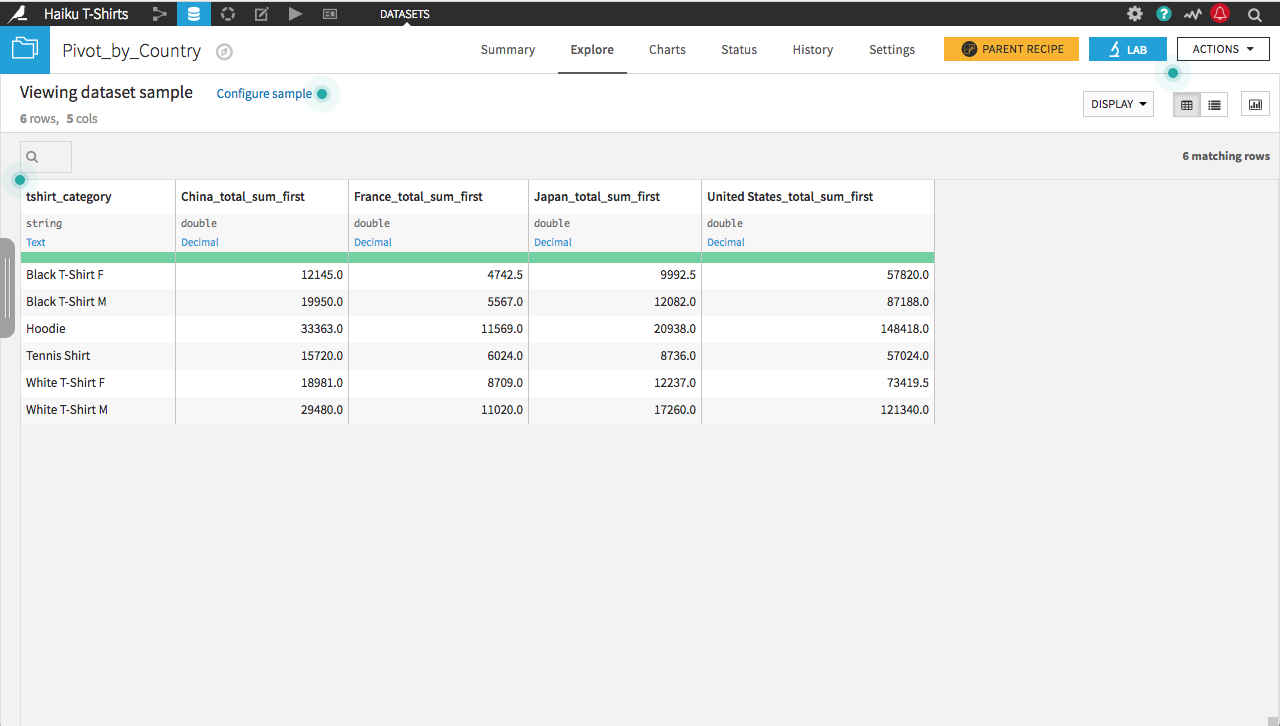 The dataset after pivoting.