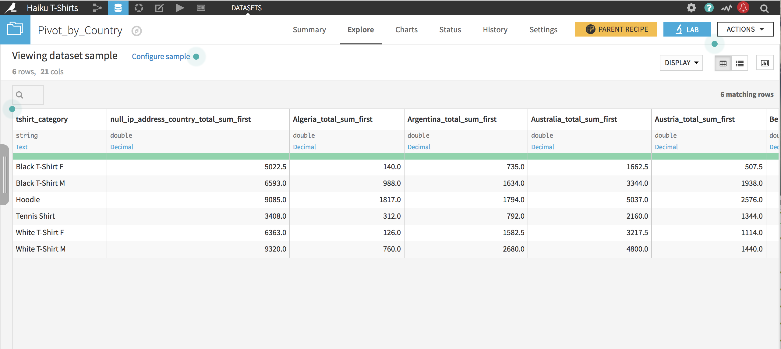 The dataset after pivoting.