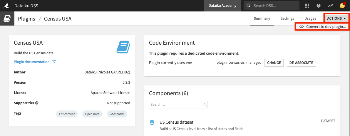 A Dataiku screenshot of a summary page of a plugin in the plugin store, showing how it can be converted to a development plugin.