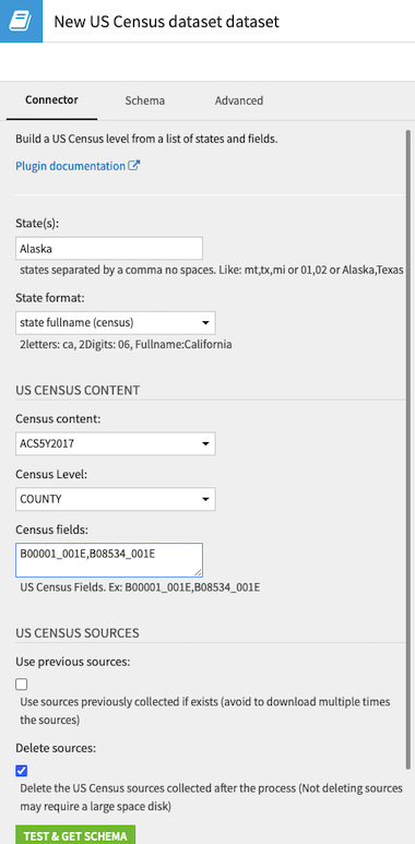 A Dataiku screenshot of creating a new dataset from a plugin connector, in this case, a new dataset from the US Census bureau.