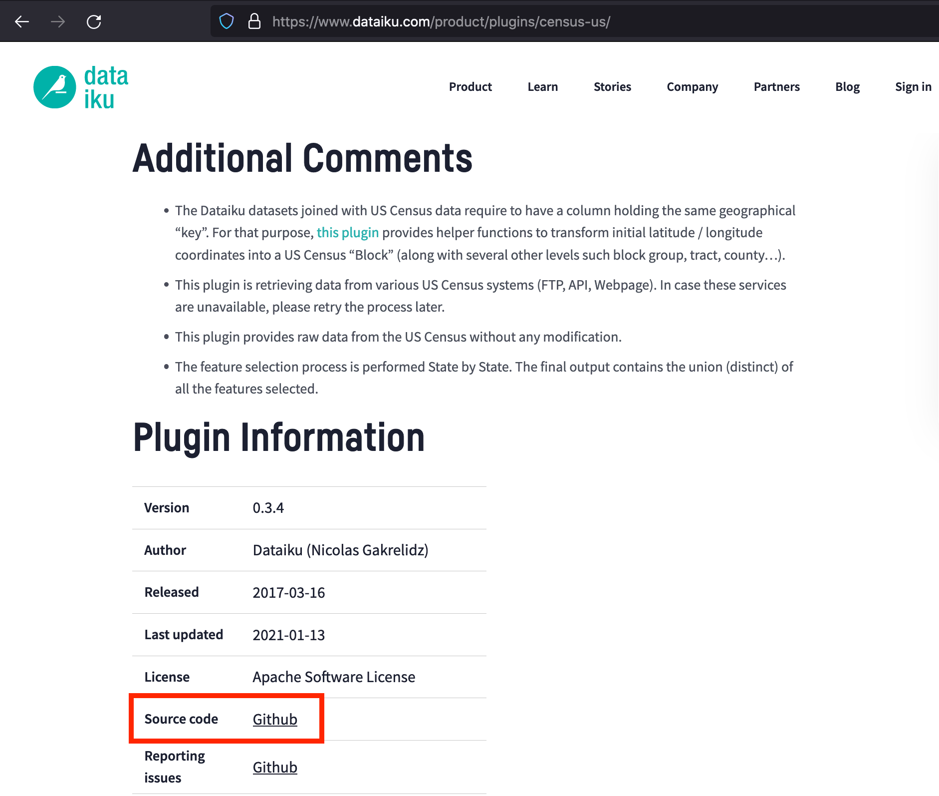 The plugin documentation page for the Census USA plugin lists the plugin's key capabilities and how to use them.