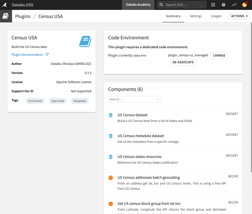 The summary page for the Census USA plugin contains information such as author, version, and license, as well as components and code environment