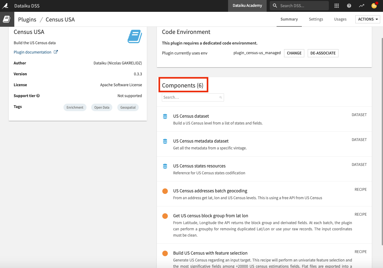 A Dataiku screenshot of the plugin store page for the Census USA plugin, highlighting its six components.