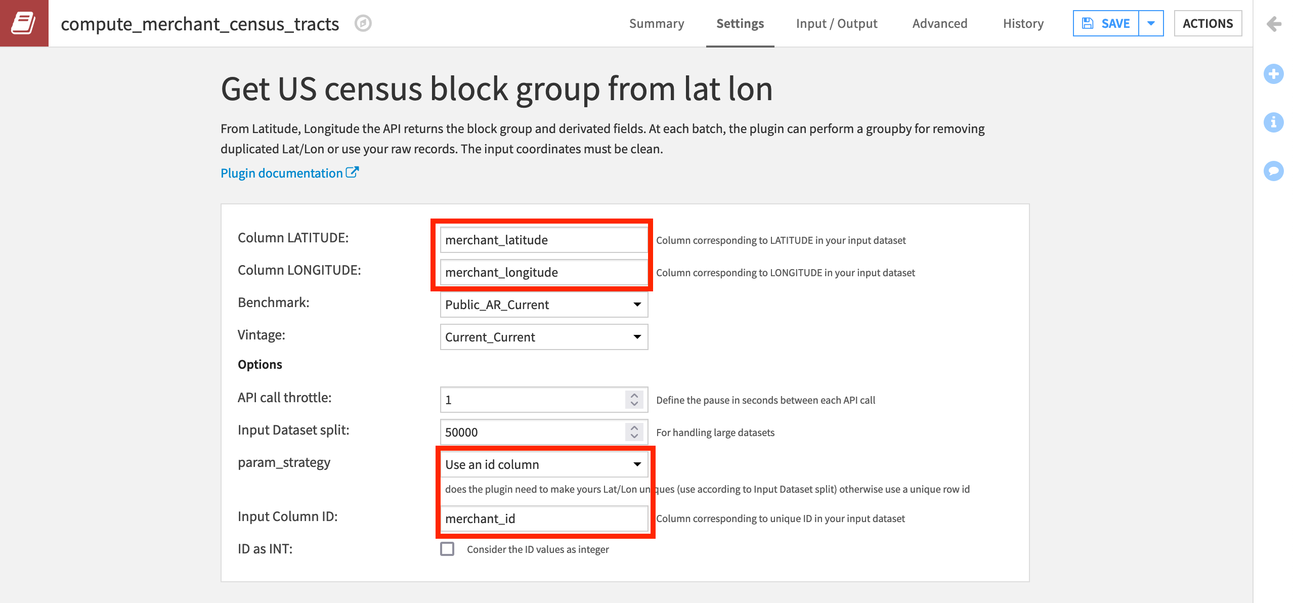 The settings page in Dataiku for the "Get US census block group from lat lon" recipe from the Census USA plugin.